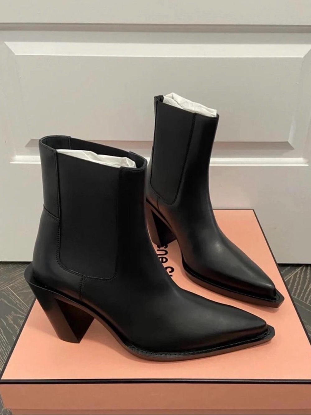 Acne Black Pointed Leather Ankle Boots with Sculpted Heel